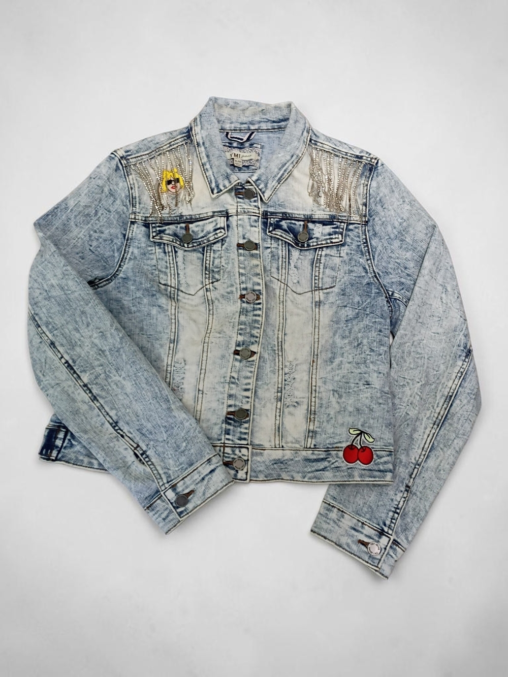YMI Light Wash Distressed Blue Denim Jacket with Embroidered Accents